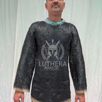 Chainmail Hauberk 9MM Flat Ring Riveted Solid Ring with Brass Trim