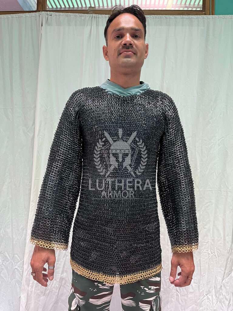 Chainmail Hauberk 9MM Flat Ring Riveted Solid Ring with Brass Trim