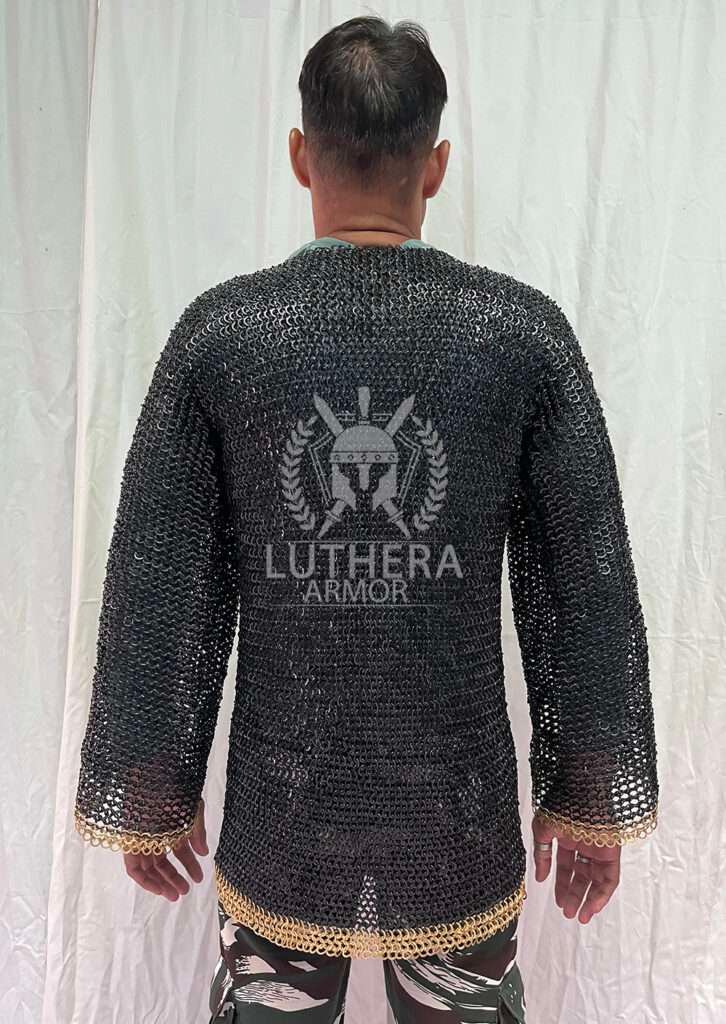 Chainmail Hauberk 9MM Flat Ring Riveted Solid Ring with Brass Trim