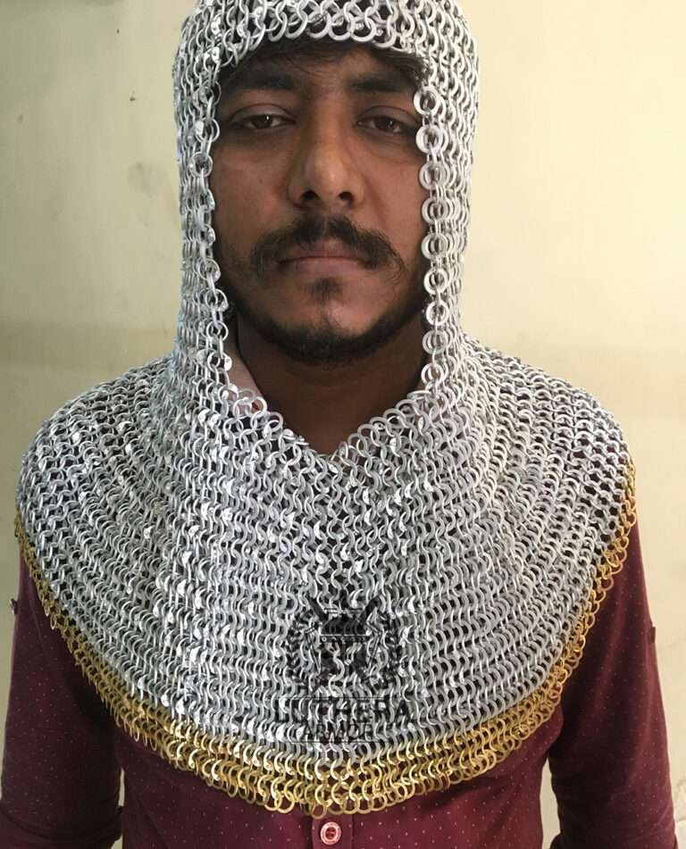 Aluminium Chainmail Coif 9MM Flat Ring Riveted Solid Ring with Brass Trim