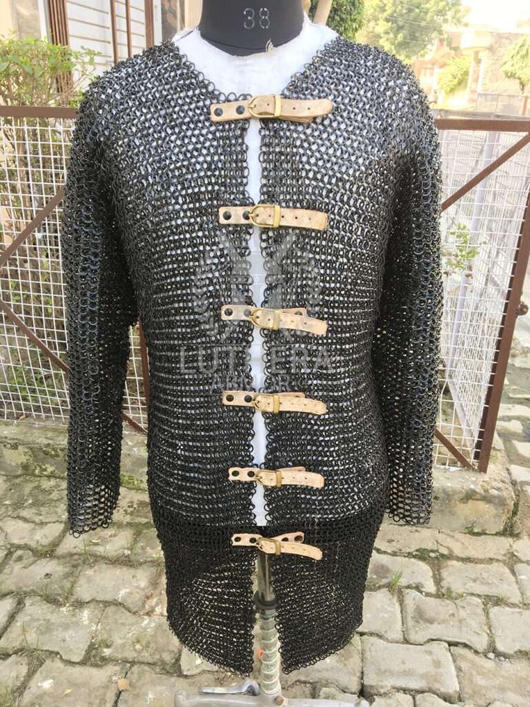 Hauberk Chainmail shirt Mild Steel 9MM-18Gauge Flat Ring Riveted with Solid Ring front open shirt