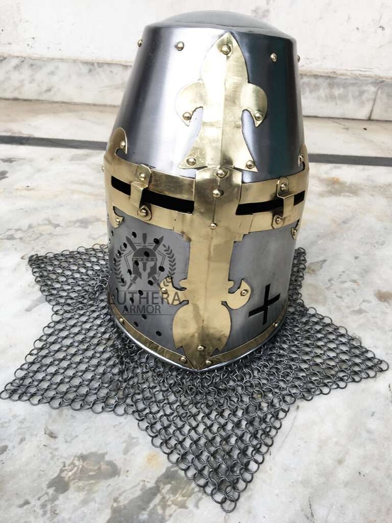 New Crusader Great Helmet King Helmet With High quality 18 Gauge Steel Brass And ChainMail