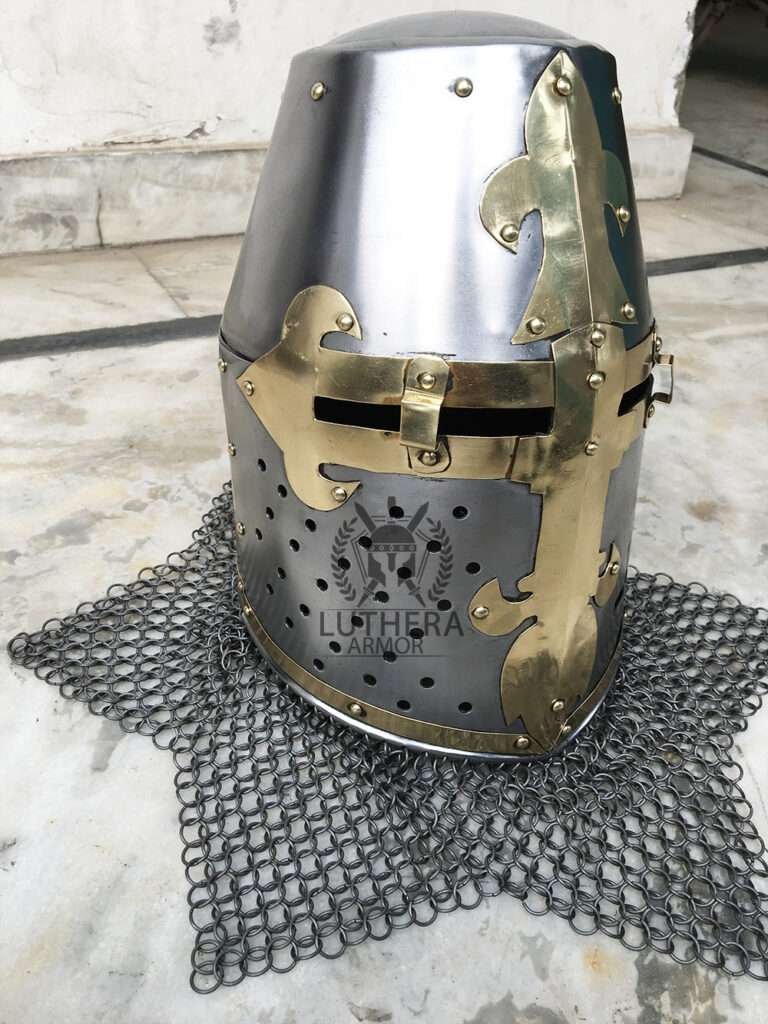 New Crusader Great Helmet King Helmet With High quality 18 Gauge Steel Brass And ChainMail