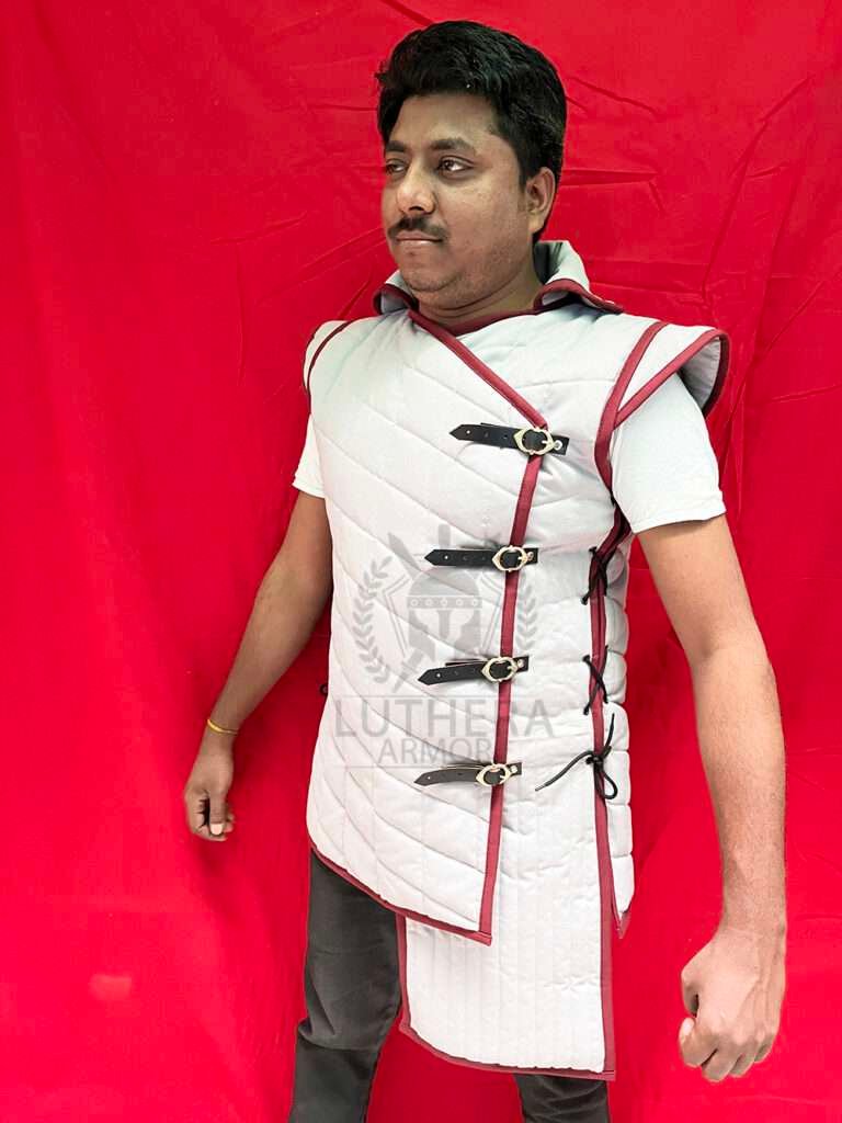 Knight Cotton Padded Gambeson Light Gray with Red Trim