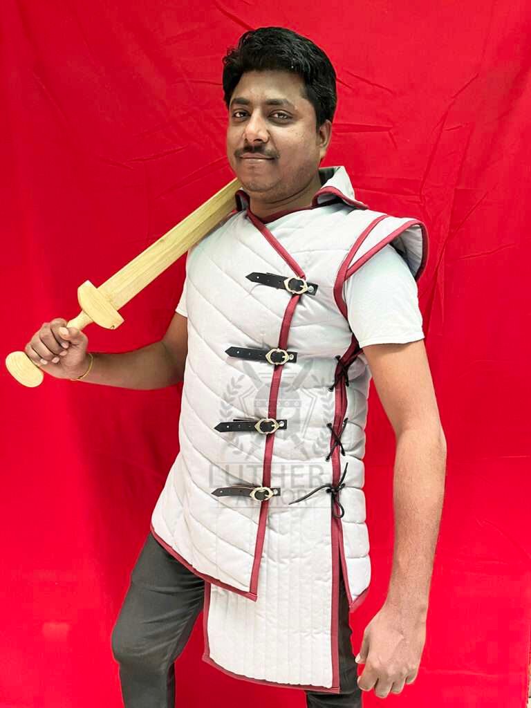 Knight Cotton Padded Gambeson Light Gray with Red Trim