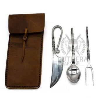 Medieval Cutlery Set - Mild Steel Knife, Fork & Spoon with Leather Cover