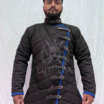Medieval Cotton Padded Gambeson Black with Royal Blue Trim