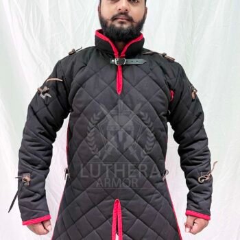 Medieval Padded Gambeson Black with Red Trim For SCA
