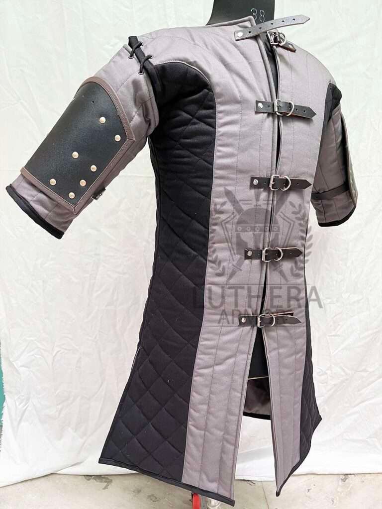 MEDIEVAL Reenactment Grey/Black Armor Gambeson With Leather Arm | Reenactment Roman Armor Gambeson