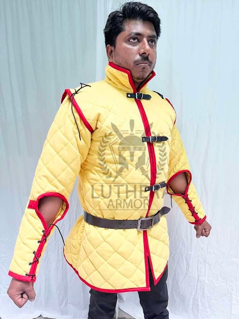 Medieval Padded Gambeson Yellow with Red Trim