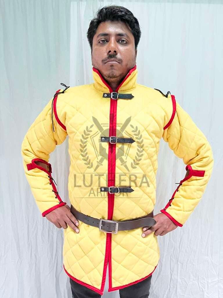 Medieval Padded Gambeson Yellow with Red Trim