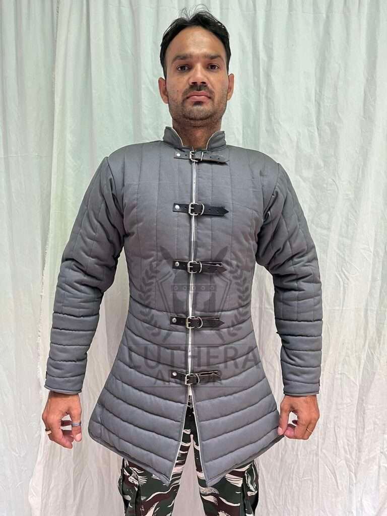 Medieval Gray Gambeson For SCA Larp | Thick Padded Full Sleeves Coat| Quilted gambeson | Aketon Padded costume