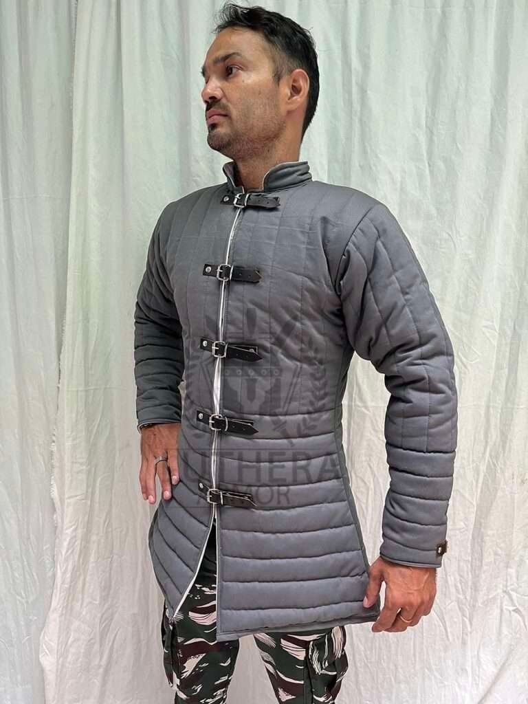 Medieval Gray Gambeson For SCA Larp | Thick Padded Full Sleeves Coat| Quilted gambeson | Aketon Padded costume