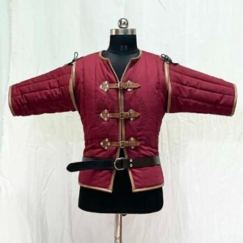 Medieval Short Gambeson Wine Color with Brown Leather Trim