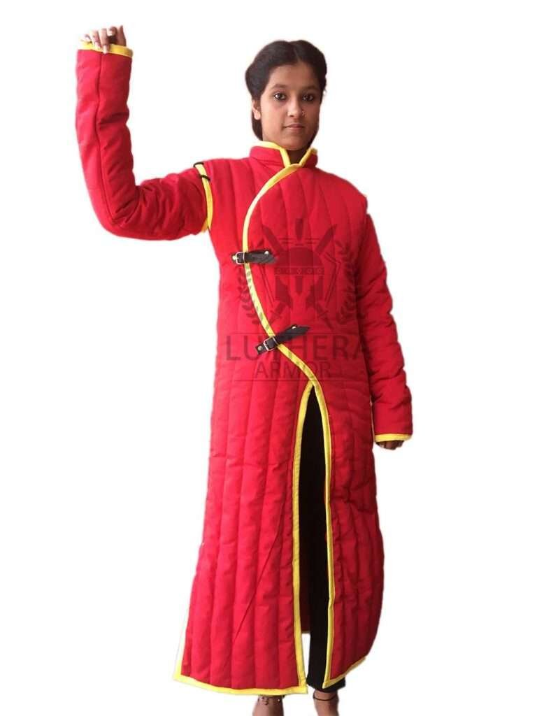 Medieval Long Gambeson Red color with Yellow Trim