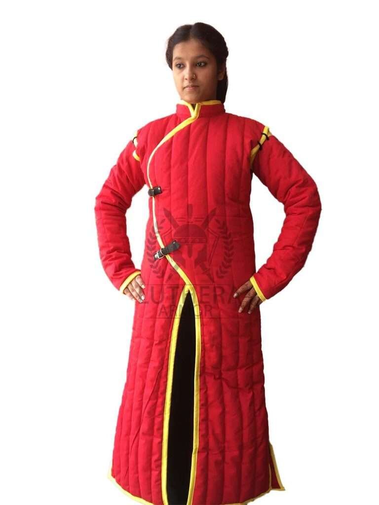 Medieval Long Gambeson Red color with Yellow Trim