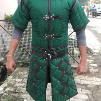 Medieval Padded Gambeson Green with Brown Leather Trim