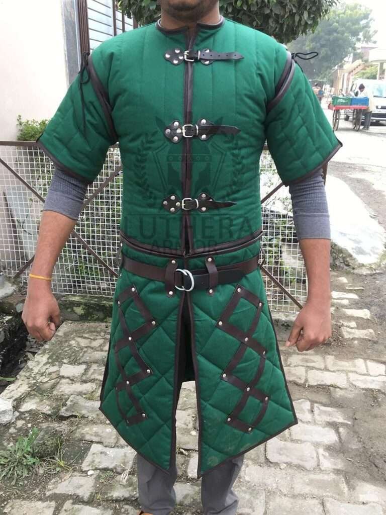 Medieval Brown Gambeson With Leather Trimmed Costume | Padded Gambeson