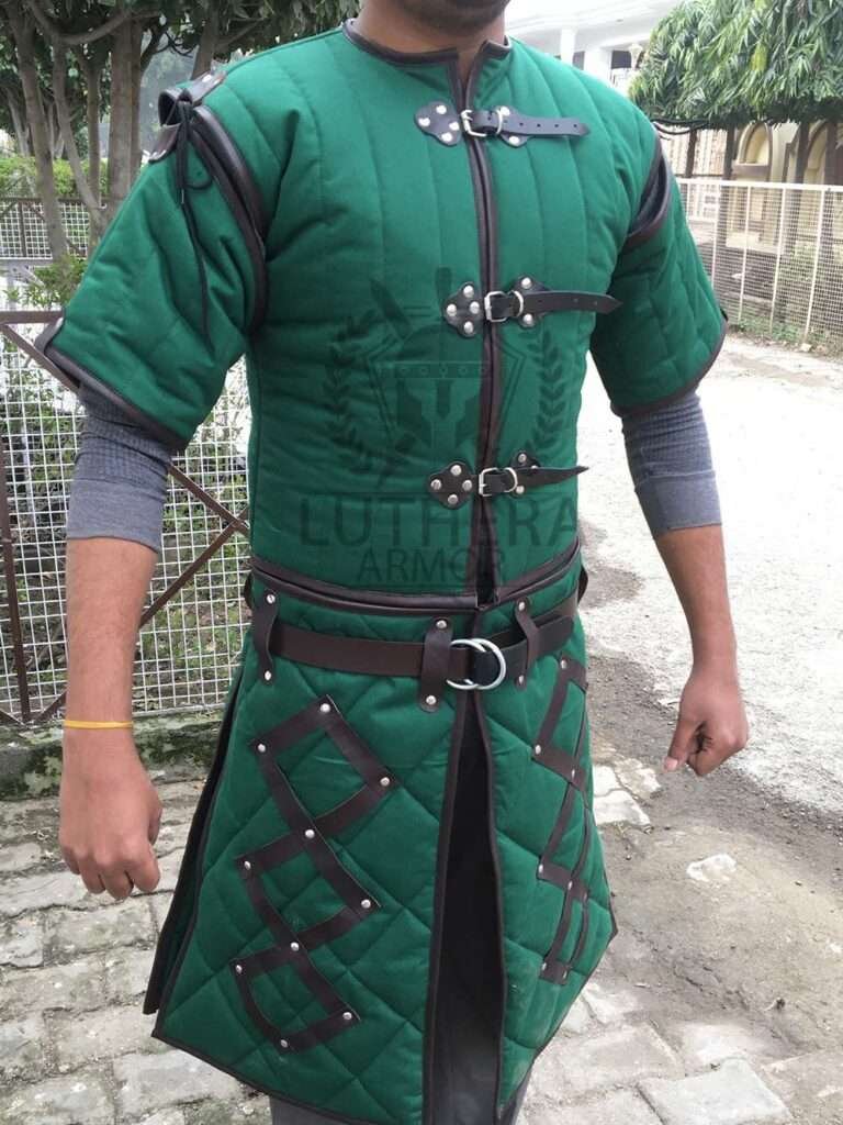 Medieval Brown Gambeson With Leather Trimmed Costume | Padded Gambeson