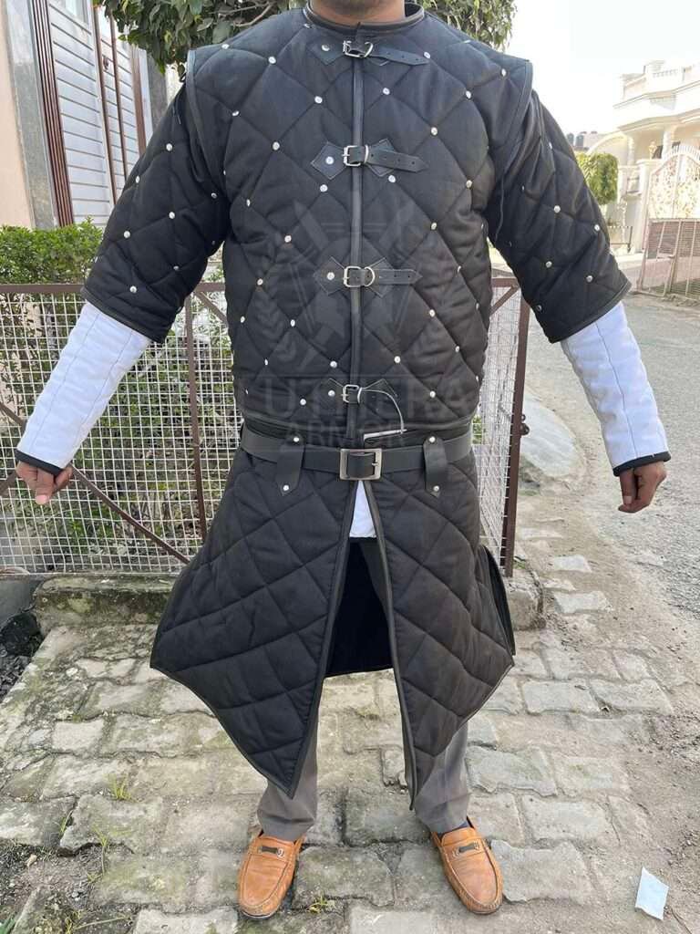 Medieval jacket patterned fabric with Black Leather Trimmed| Gambeson for medieval events