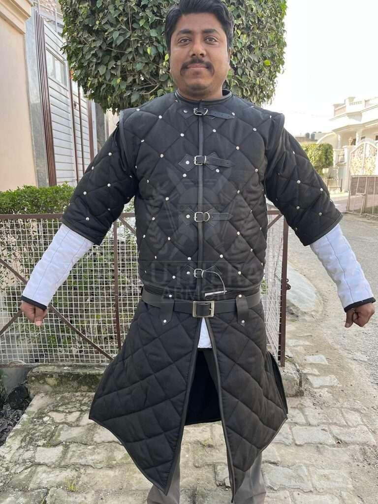 Medieval jacket patterned fabric with Black Leather Trimmed| Gambeson for medieval events