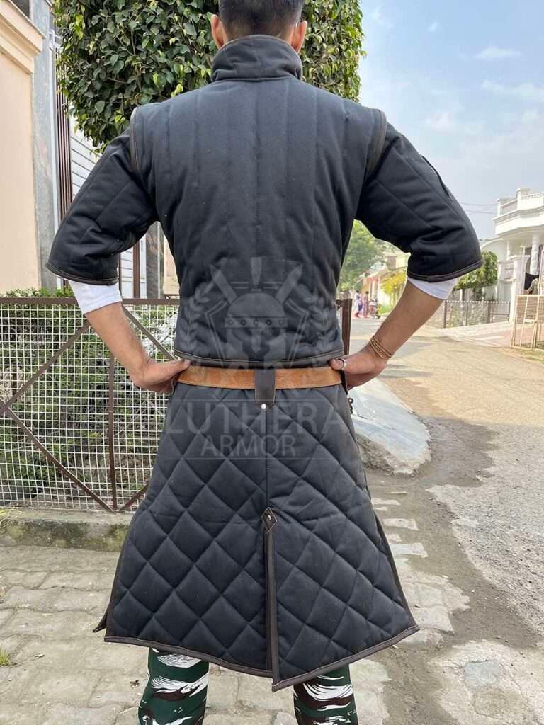 Medieval Gambeson Black with Black Leather Trimmed | Leather armor Gambeson