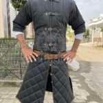 Medieval Gambeson Black with Black Leather Trimmed For Larp Events
