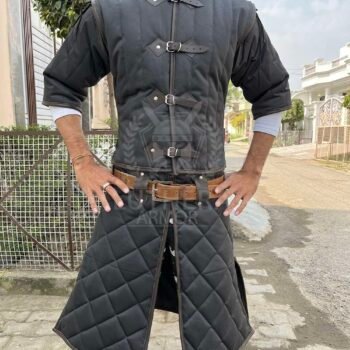 Medieval Gambeson Black with Black Leather Trimmed For Larp Events