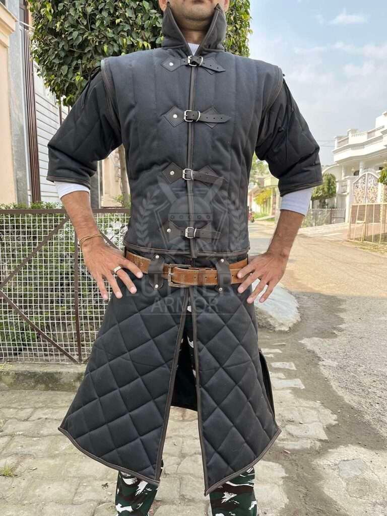Medieval Gambeson Black with Black Leather Trimmed | Leather armor Gambeson