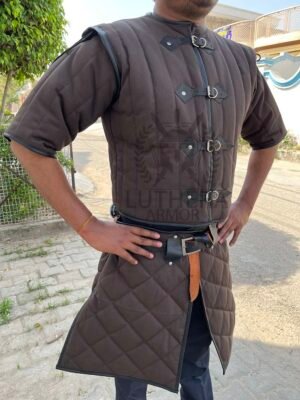 Medieval Gambeson Brown with Black Leather Trimmed | Leather armor Gambeson - Image 6