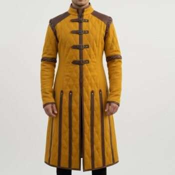 Ren Faire Yellow Gambeson with Brown Leather Trim Medieval Padded Armor