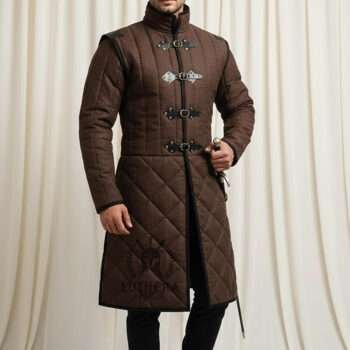 Medieval Padded Gambeson Brown Color with Black Leather Trim