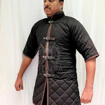 Viking Black Gambeson with Brown Trim Half Sleeve