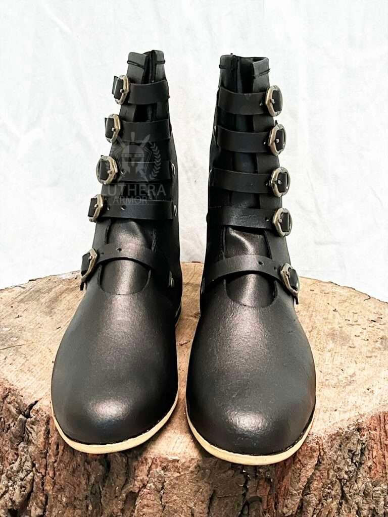 Medieval Leather Boots With Five Brass Buckle