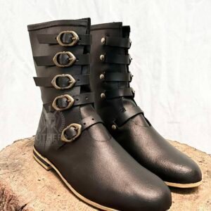 Medieval Leather Boots With Five Brass Buckle