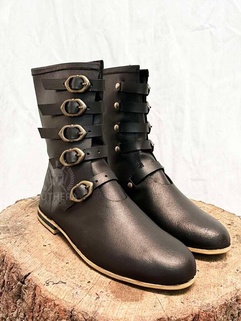 Medieval Leather Boots With Five Brass Buckle