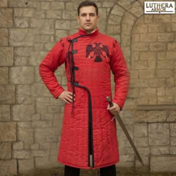 Medieval Gambeson Red Color with Black Trim Double Eagle Embroidered