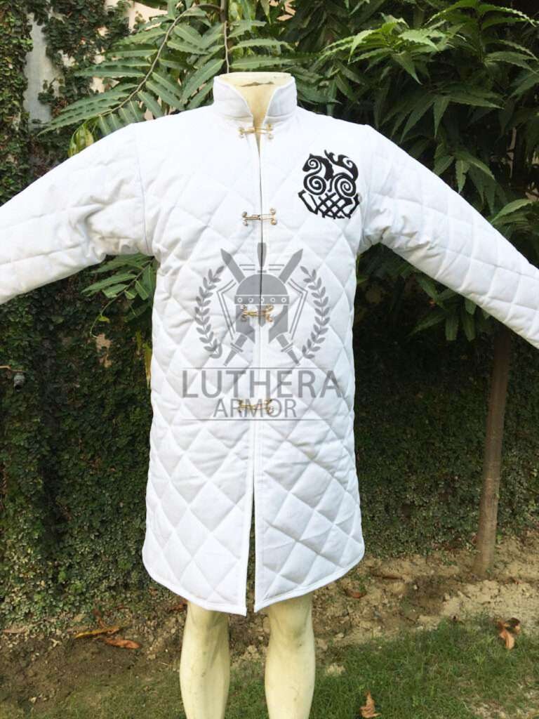 Medieval Gambeson White Color Cotton Padded Sleipnir Eight Legged Horse Embroidery