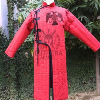 Medieval Gambeson Red Color with Black Trim Double Eagle Embroidered