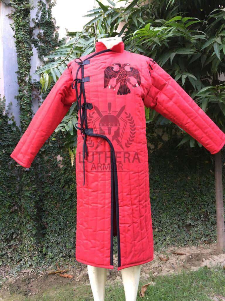 Medieval Gambeson Red Color with Black Trim Double Eagle Embroidered
