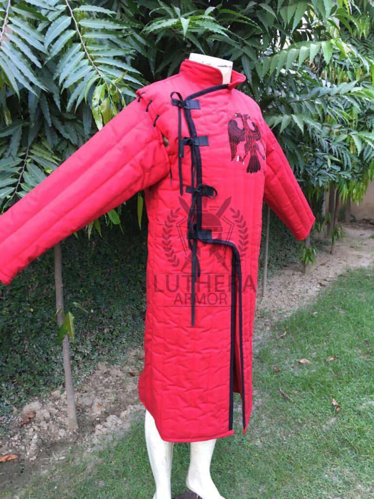 Medieval Gambeson Red Color with Black Trim Double Eagle Embroidered