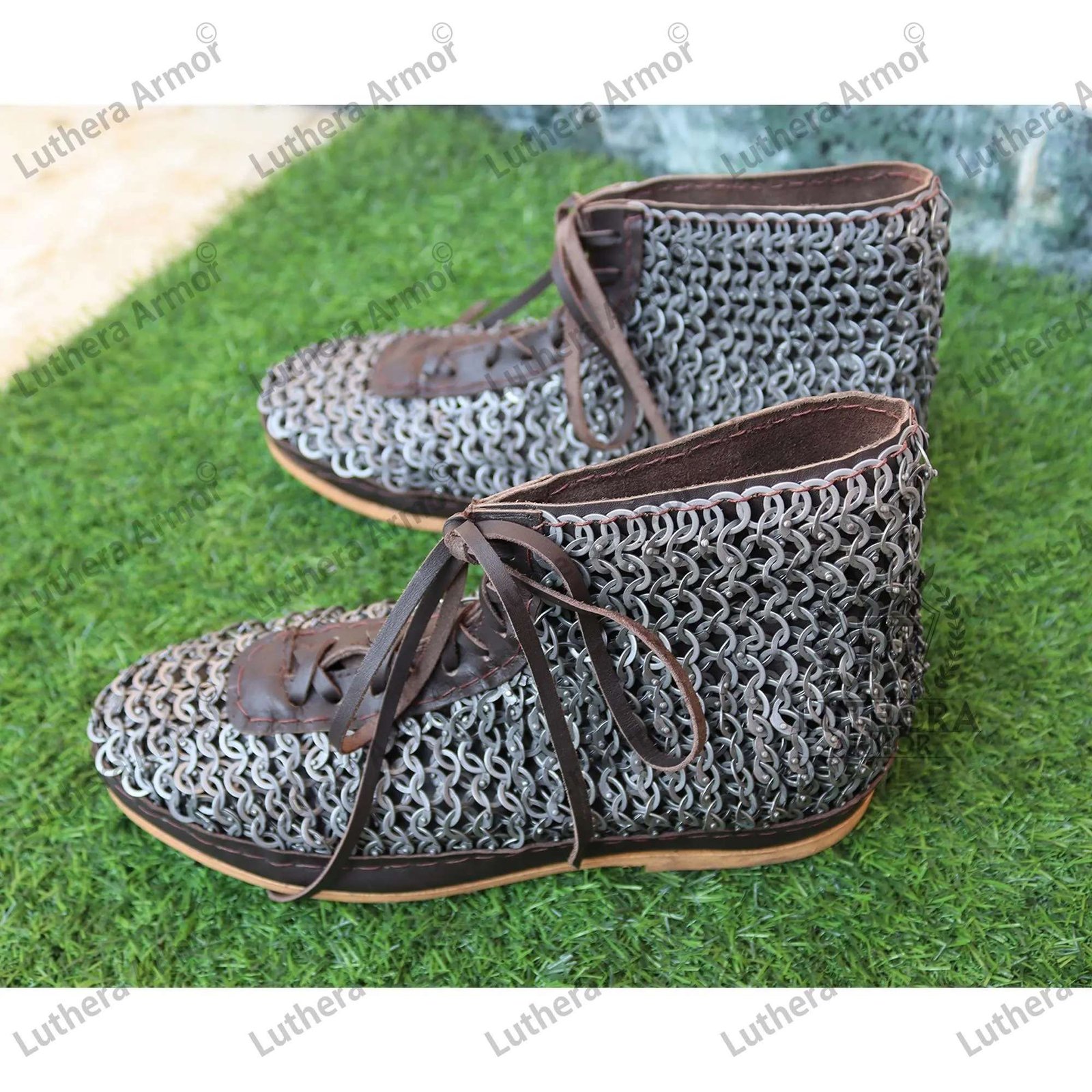 Medieval Chainmail Leather Boots 9mm Flat Ring Riveted Maille Boots