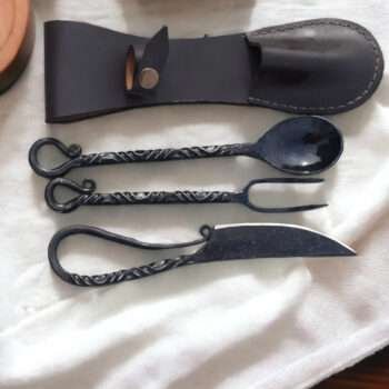 Hand Forged Medieval Cutlery Set with Leather Cover Camping Kitchenware