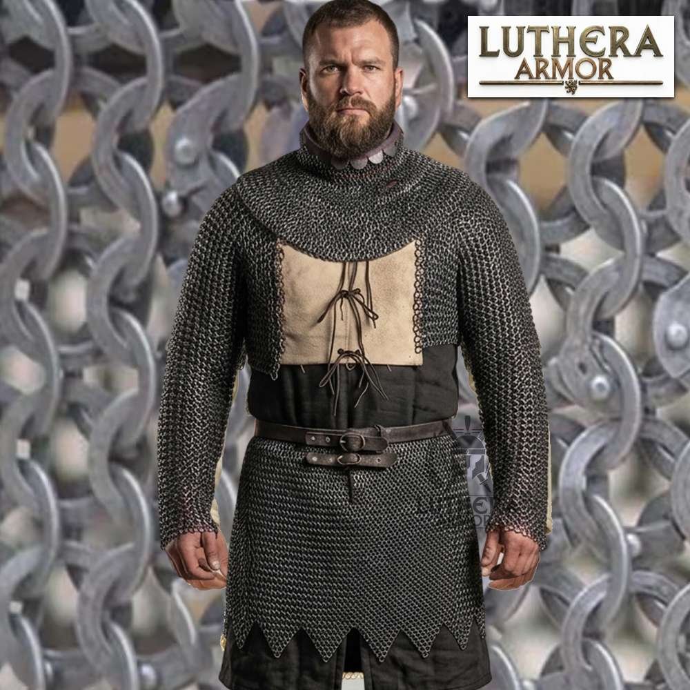 Chainmail Hauberk with Skirt Collar Set 9MM Flat Ring Riveted Washer For Medieval Event